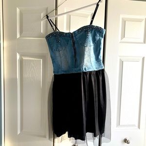 Denim and tulle spaghetti strap dress.